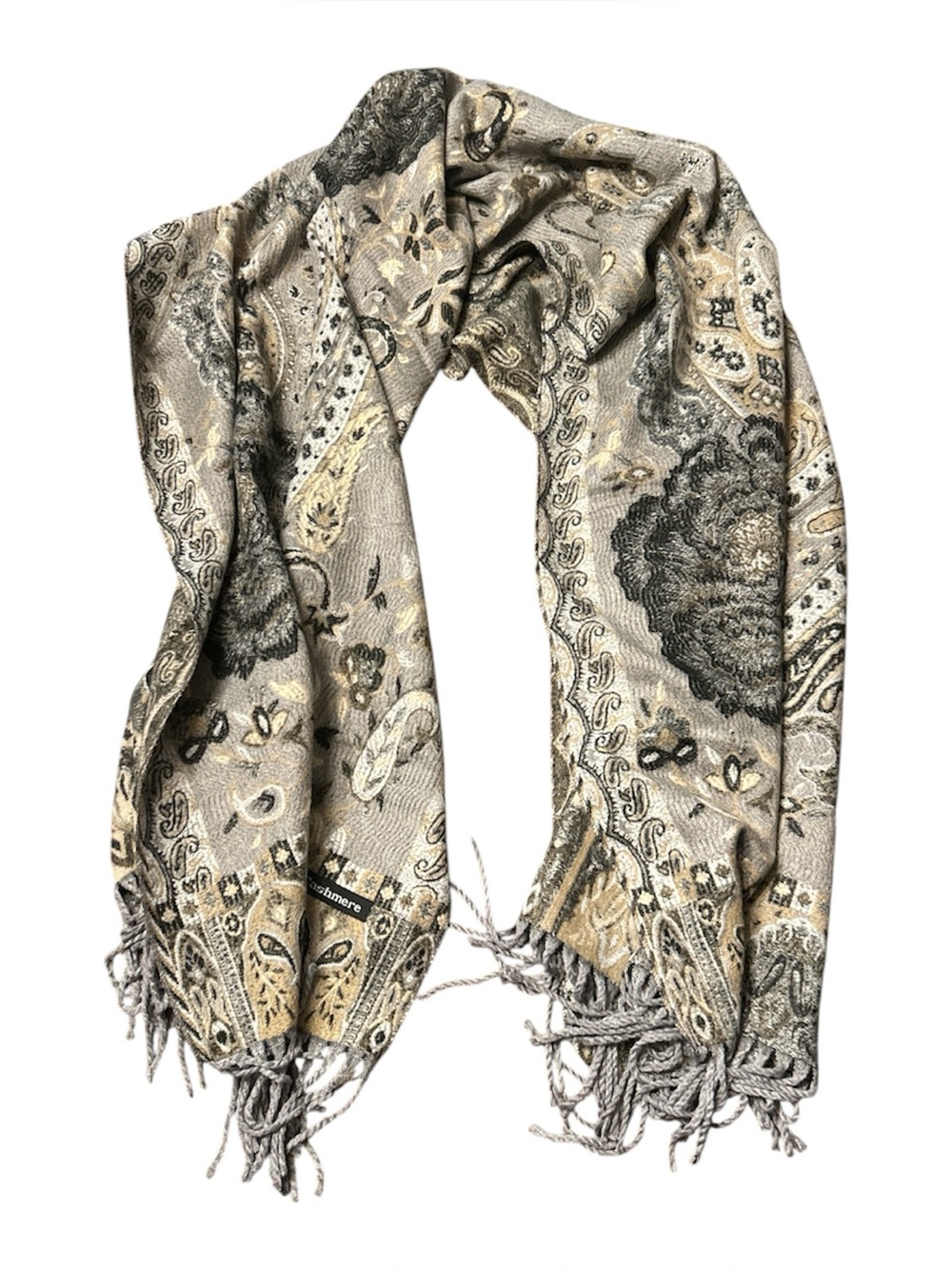 Cashmere Paisley Scarf Gray Cream Turkish Istanbul Fringe Oversized